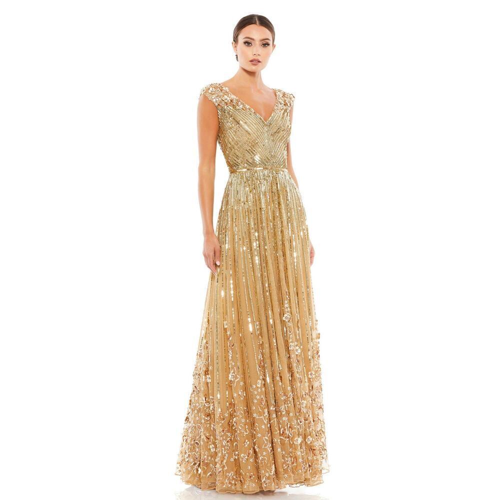 Mac Duggal Sequin Floral Embellished Evening Gown Gold Size 10 NWT